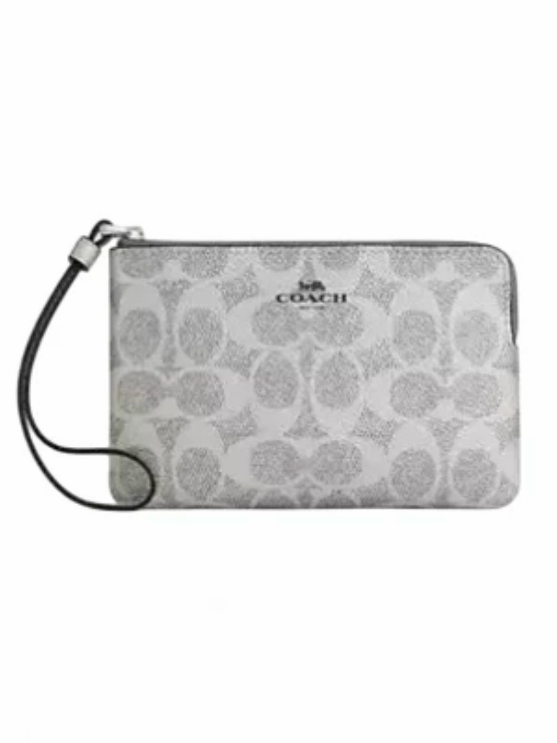 Coach Corner Zip Wristlet In Silver Signature Canvas